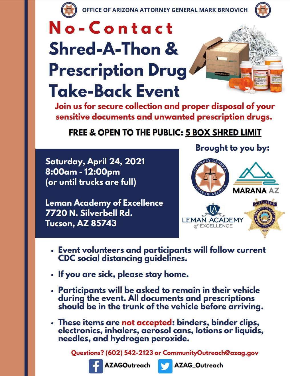 Free Tucson Marana NoContact ShredAThon and Prescription Drug Take